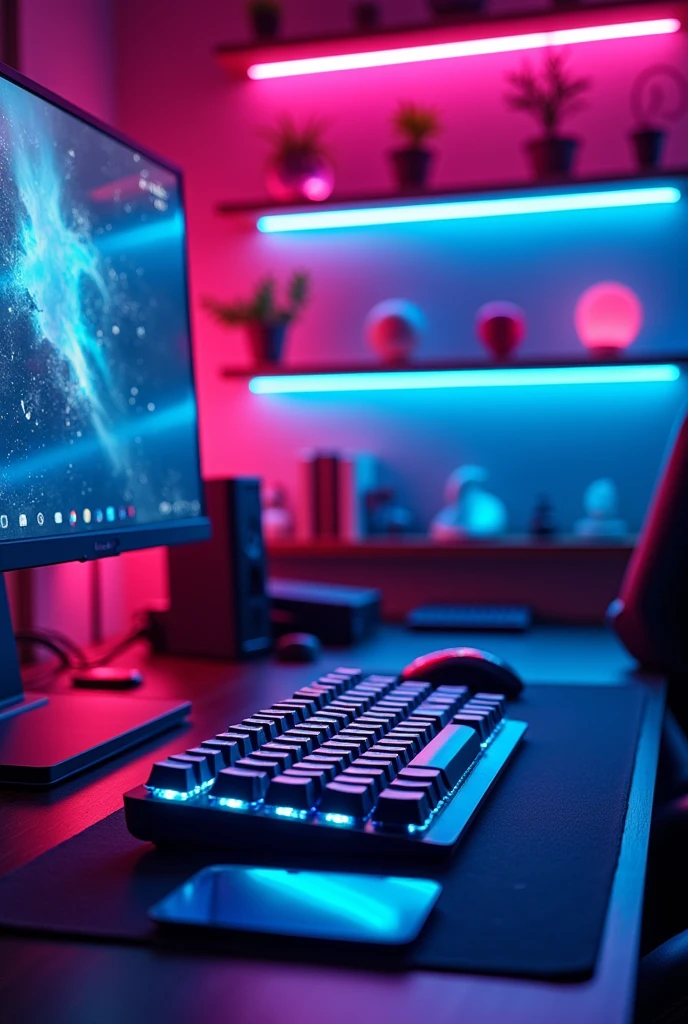 a close up of a computer desk with a keyboard and monitor, gamer aesthetic, cyberpunk setting, in a cyberpunk themed room, cyberpunk vibe, cyberpunk vibrant colors, blacklight aesthetic, futuristic but colorful shading, cyberpunk with neon lighting, gaming room in 2 0 4 0, gaming room, led gaming, dreamy colorful cyberpunk colors, cyberpunk aesthetic, neon aesthetic, cyber aesthetic