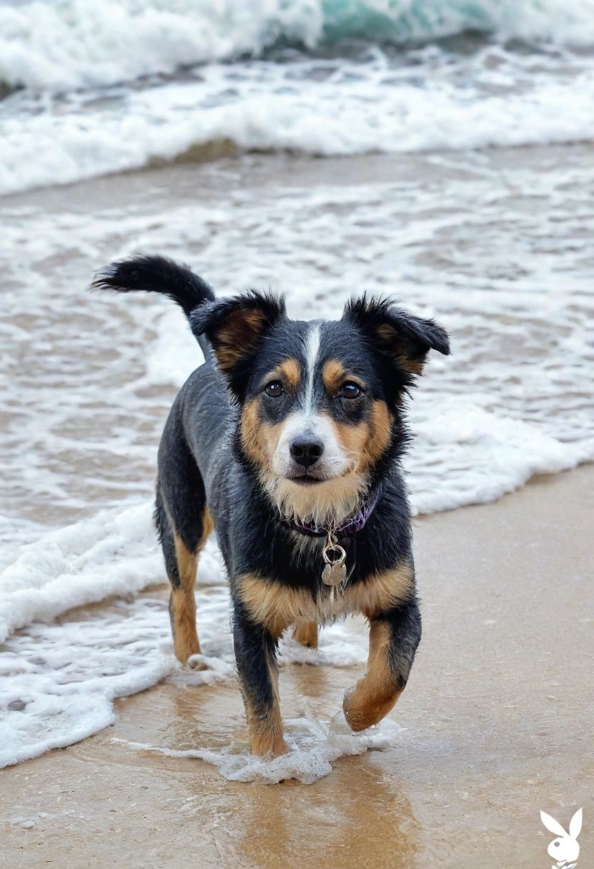 a cute dog on the beach, ocean waves, sandy beach, xpression, tropical beach scene, vibrant colors, photo-realistic, 8k, highly detailed, masterpiece