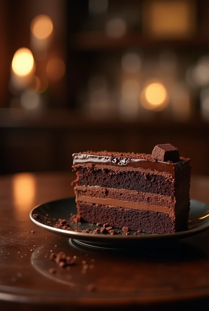 Chocolate cinematic movie scene, bolo de chocolate, darkness background, quality photo, Wet texture, penthouse, studio photo, slice. shallow depth of field, vignettes, highly detailed, high budget, bokeh, cinemascope, temperamental, epic, comely, film grain, grainy.