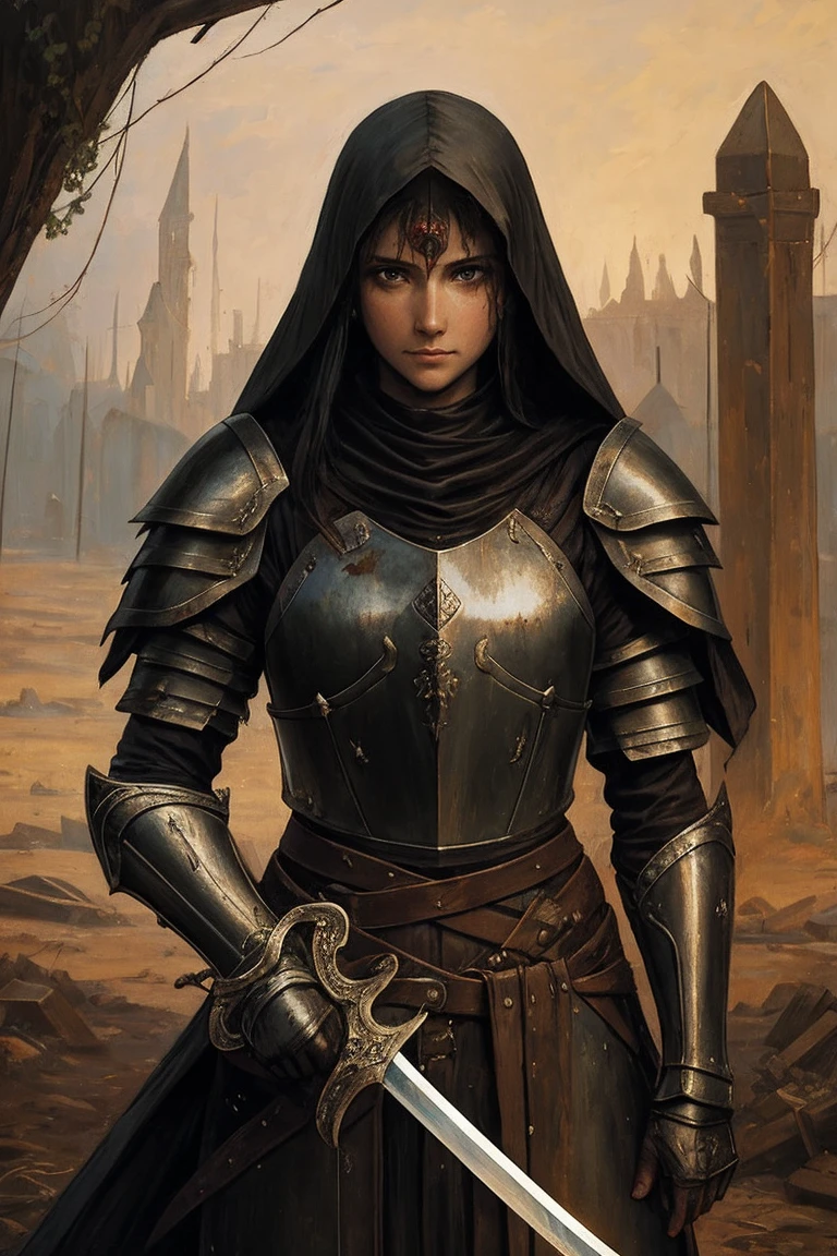 A painting of a young woman, mended armor, rags poking through gaps of the armor, no helmet, curly ratty hair, stern eyes, scarred weathered face, boney cheeks, emotionless smile, pale, covered in old blood and puss, fraying bandages holding together armor, in a destroyed village, holding a chipped and stained claymore(sword), very dark at night, no reflections, low visibility, renaissance style painting, crude art, starless night, at nighttime, no light, painterly aesthetic, standing off to the side, paint smudges, crude painting, very dreary