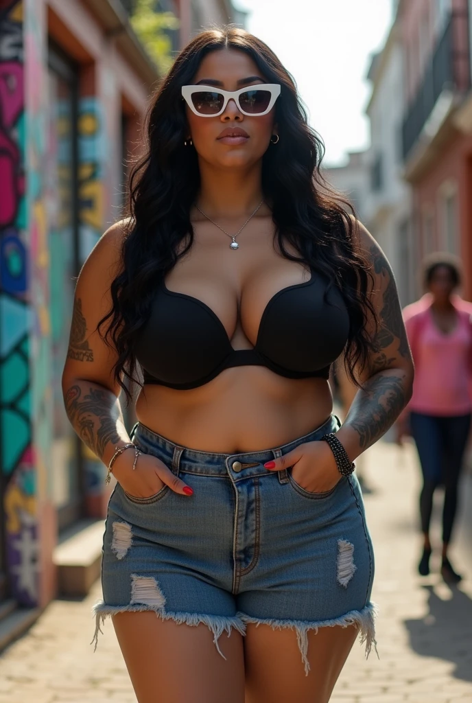 A busty and big-assed plus size woman dressed in mini clothes with long curly black hair, curtain/brunette 1,56 tall with arm covered in fineline tattoos, wears white cat-eye glasses and a septum piercing