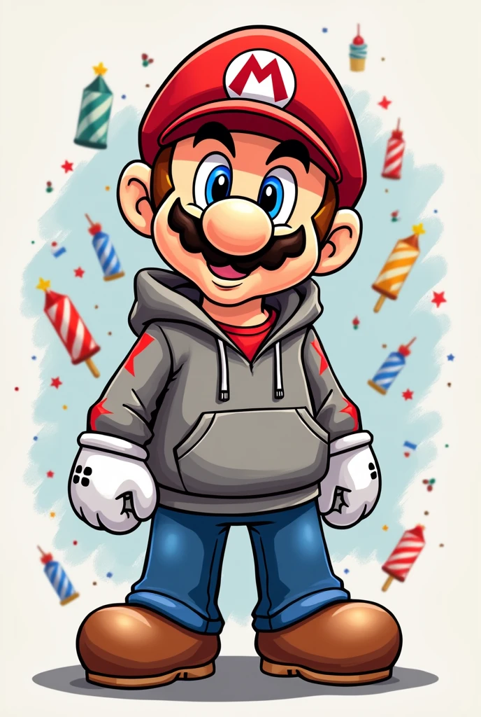 Draw a cartoon of Mario Bros in a cool style wearing a modern hoodie with a birthday background behind him.