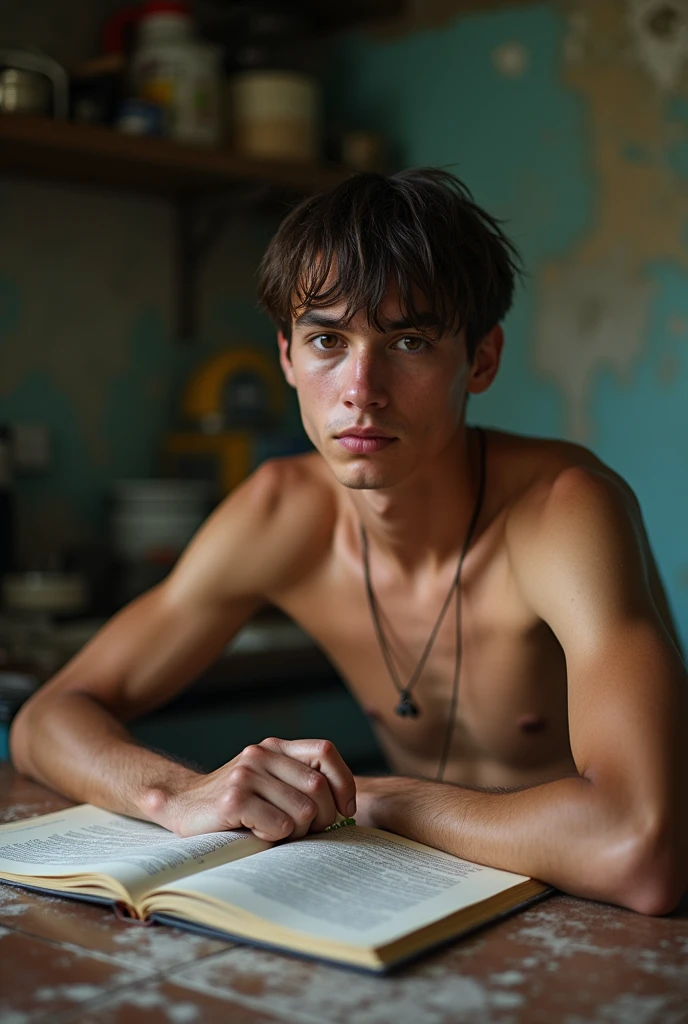 Young man , face perfect, honey eyes , skinny sexy , wearing no shirt, muscular straight rebellious hair, is sitting at the table, reading a book, in my kitchen in the favela , dirty poor kitchen, falling apart, young man studying with his school friend, another young man , two boys