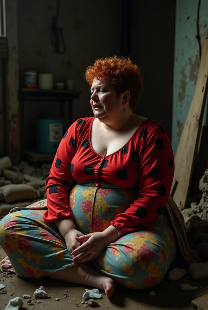 woman 40 years old, obese and fat, bitter, sweet. silly. very short red curly hair badly combed, tight red blouse shirt with large black squares open half buttoned showing nipple, long black skirt, long colorful apron, round good-natured red face slapped full of tears and snot, downcast gaze, crying, screaming in pain, terrified, dehumanized. trembling, abused, sweaty, urinated on, broken and bleeding lip, desperate, lying on the floor, they pull her hair, they drag her.