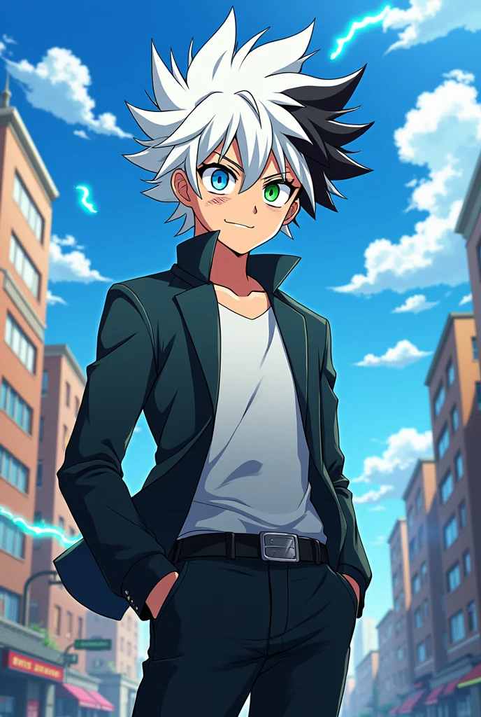 Young man with white hair with black tips, two-colored eyes, tall and a scar on his eye, anime version of my hero academia 