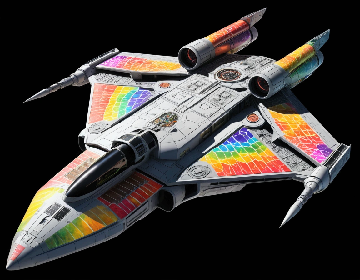 An full image of a giant heavily armored futuristic flying all terrain mothership, covered in rainbow batik pattern and glowing javanese runic symbols, automatic turrets, missile banks, missile defense system, multi-port rear engine arrays, large pivoted missile pods, anti-air batteries, reactive armour over vital spaces, VTOL thrusters, ventral ground-facing VTOL thruster bays, retractable center cannon