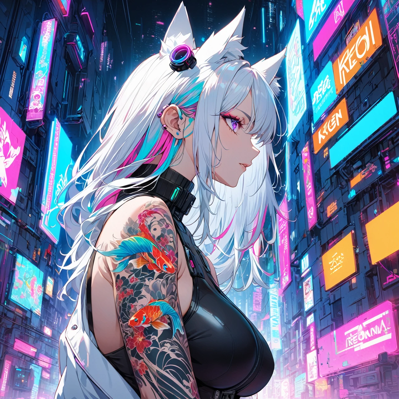 1woman, long white hair with pink and cyan tips,Muticolored hair, fox ears, purple eyes, wearing a white coat, leggings, wearing black undershirt, tattoos on arms, colorful koi tattoos, showing body, medium-big breasts, cyberpunk, profile picture perspective, neon, loose hair