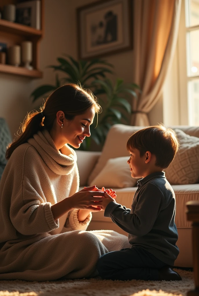 Mother giving a silver ring as a gift to her son
