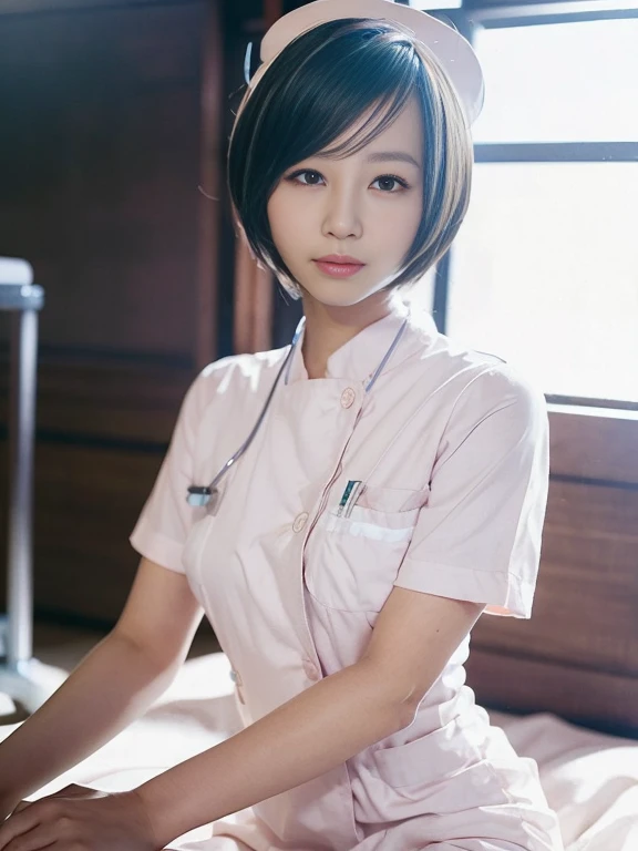 woman, alone, (Wearing white nurse clothes:1.2), (Bobcut), Shortcuts,bangs, Black Hair, nurse, Perfect Anatomy, nurse uniform, (Nurse cap), (White costume), Long skirt, hospital, Face close-up,