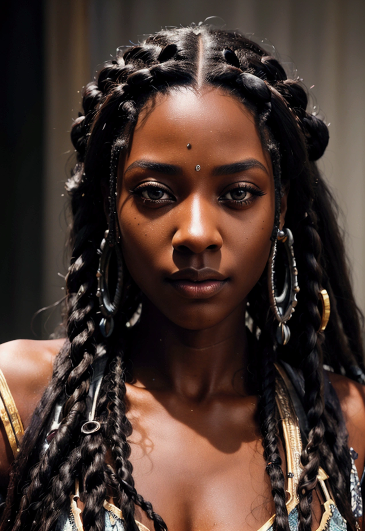 a young dark-skinned woman with long dreadlocks, beautiful detailed eyes, beautiful detailed lips, extremely detailed eyes and face, long eyelashes, cinematic lighting, dramatic lighting, ethereal, fantasy, digital art, 8k, ultra-detailed, photorealistic, high quality, masterpiece, octane render