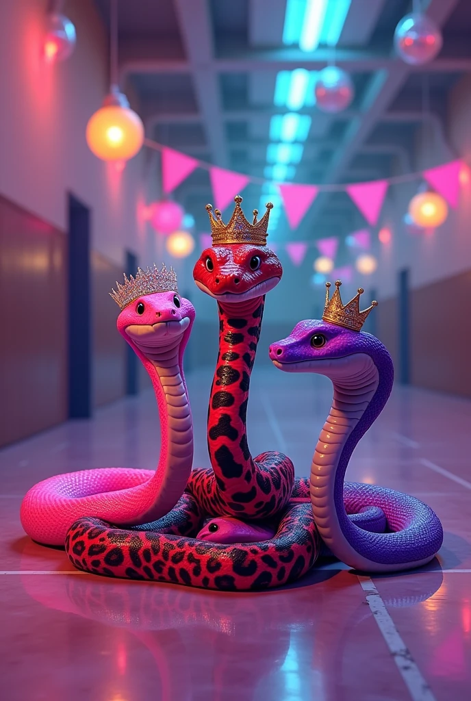 three boa constrictor like lola boa form brandy and mr whiskers but like mean girls.
one boa neon pink with a tiara, the other boa red black and white with a king crown, and the other boa neon purple with a queen crown
