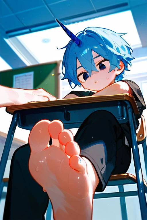 in the classroom,A cute boy showing his feet,sit on the chair,Foot Focus,look down,black eyes,barefoot,Blue Hair,There are bangs between the eyes, Blue unicorn,black eyes,White T-shirt,Black jacket,Black pants,Sweating on the soles of the feet,Under table angle,Detailed background,ceiling