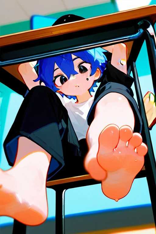 in the classroom,A cute boy showing his feet,sit on the chair,Foot Focus,look down,black eyes,barefoot,Blue Hair,There are bangs between the eyes, Blue unicorn,black eyes,White T-shirt,Black jacket,Black pants,Sweating on the soles of the feet,Under table angle,Detailed background,ceiling