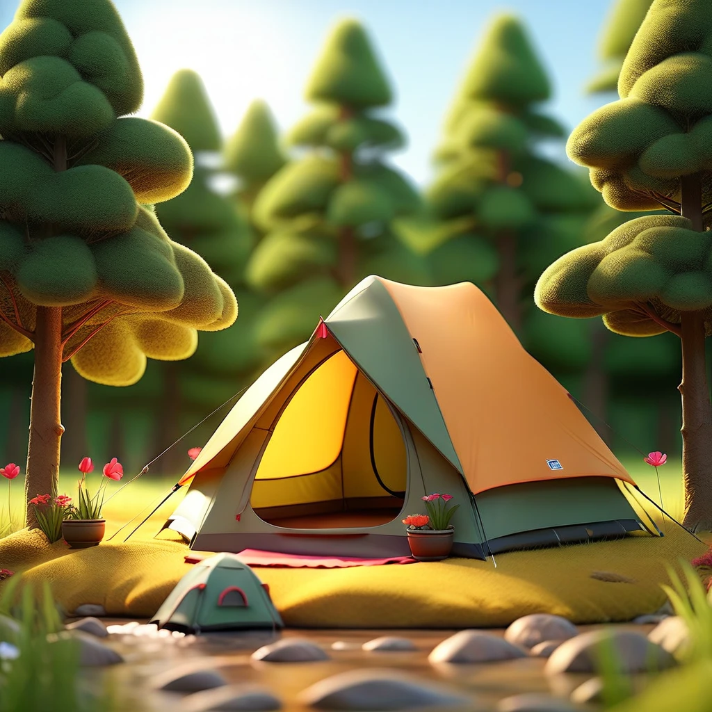 3D scene,3D,C4D,8k,(masterpiece, top quality, best quality, official art,((no text:1.5)),natural, unmanned, outdoor, forest, camping, scenery, flowers, tent, sky, grass, water, plants, leaves, trees, green theme, sunshine, camping tent, warm color sunshine,,