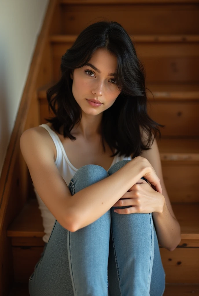A stunning 18-year-old girl with soft, shoulder-length black curls and porcelain-like skin sits gracefully on wooden stairs. Her delicate features and mesmerizing eyes exude a natural beauty that captivates the viewer. She wears fitted jeans that complement her slender frame. Sitting sideways with her legs gently pulled up towards her chest, she gazes at the camera with a blend of innocence and allure, creating an emotionally charged connection. The scene is bathed in warm sunlight, highlighting the rich textures of the wood around her. The photo, captured with a Sony FX3, emphasizes the ethereal quality of her presence, making her beauty and the moment feel almost surreal.