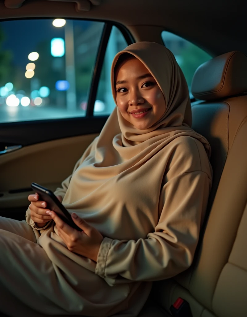 Beautiful girl wearing narrow lite cream coffee hijab malay age girl 18 years old, chubby cheek, chubby face, cute girl face, smiling, eyes looking at camera, grin, big breasts about to burst out, sweating vagina, curvy body, curvy hip, fat abs,plump thigh, short body, realistic skin, spreading legs wide on backseat, in car, smartphone on hand, night time, hard light, 35mm lens, establishing shot, pastel color grading, depth of field cinematography effect, film noir genre, 8k resolution, high quality, ultra detail