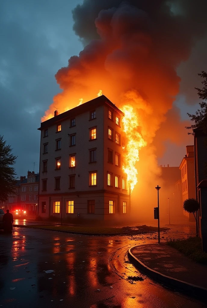 A 5-story building with windows on fire