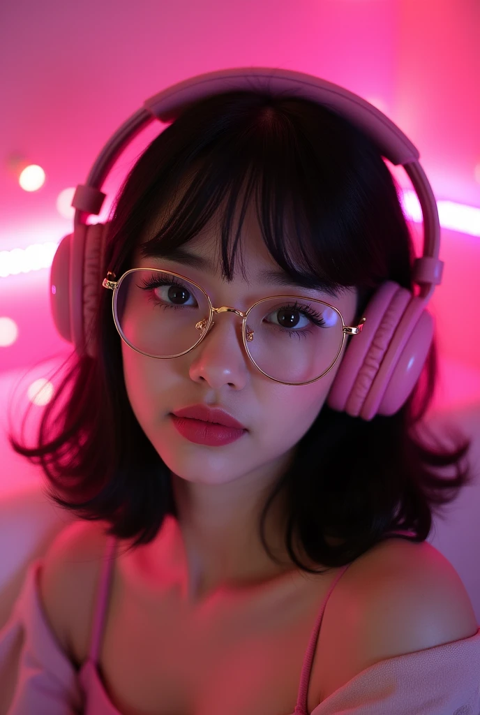 A white girl with shoulder length black hair, She wears square shaped glasses and they are gold in color, has a smile and a sensual look, brown eyes and her hair is loose, headphone cor de rosa, pink lights illuminate it and in the background there are pink lights, and she has large breasts