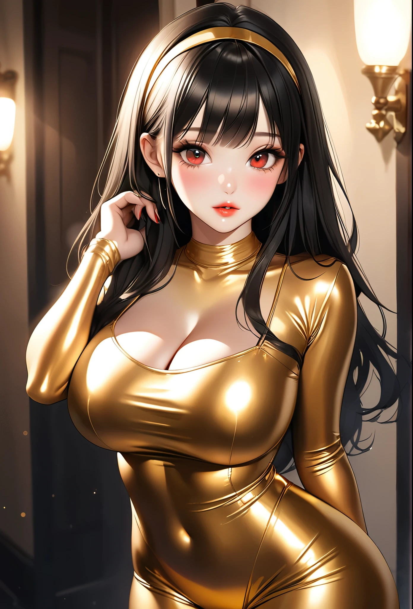 (((Yor Briar))), long black hair, red eyes, ulzzang, gold headband, realistic depiction, elegant appearance, pale and shiny skin, full lips with lip gloss, red and gold monochromatic color scheme, soft lighting, cleavage, huge tits, gold bodysuit, thigh highs, casual, ((arms behind back)), sexy, blushing