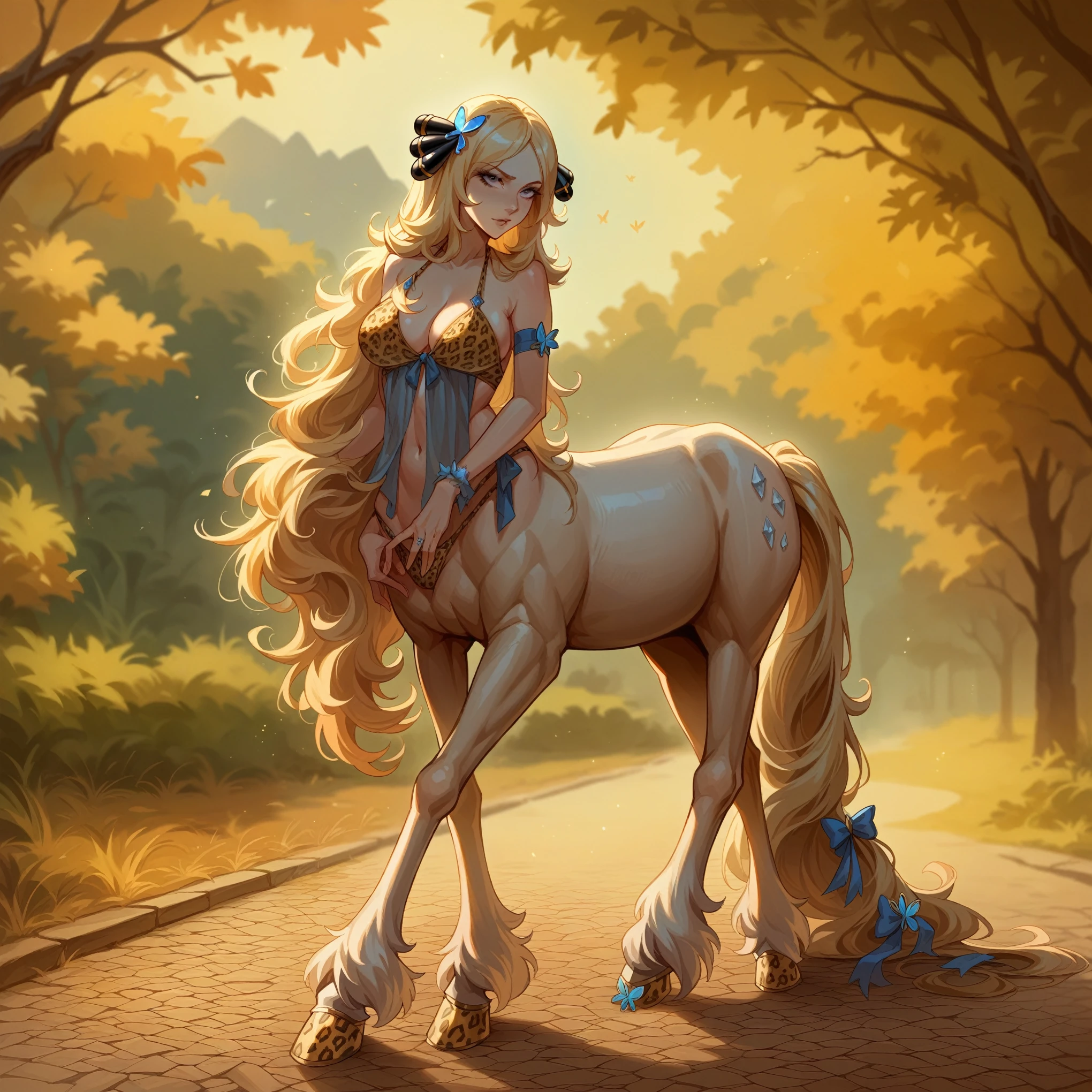 1Centaur Girl,Four legs,Leopard print underwear,Leopard-print clothing,Leopard print,Crystal high heels,The whole body is dazzling and starry,(Horses have human skin.)(Flesh-colored skin (Cynthia Sheppard), Fair and shiny skin, Full body CGsociety, Beautiful full body concept art, horse, smooth Fair and translucent skin, Pretty blue butterfly hair accessories and pale porcelain skin, Gu Weiss, Fair and translucent skin, Pale skin,,Ivory white skin, Light milky white porcelain skin,(Skin tone consistency)