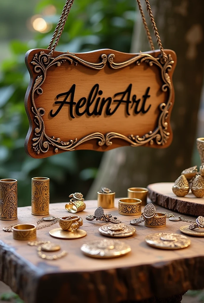 Une table avec des bijoux en laiton handmade avec un panneau ecrit " AelinArt "
