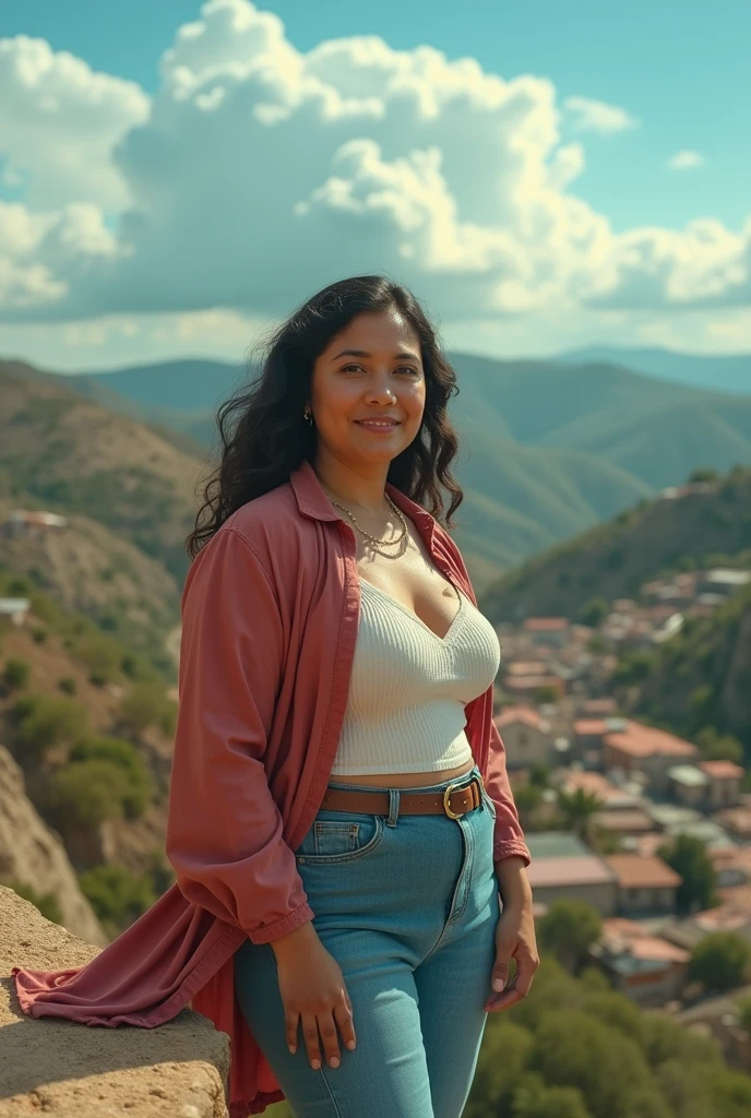 centre composition. subject low in picture. 40 year old curvy, plump, Mexican woman, detailed features, wrinkles showing the wisdom of years well lived. alluring sexy sensual woman wearing causal outdoor clothes, standing on high dam top above Mexican village. vintage photograph. 8k cinematic. hyper-realistic. 