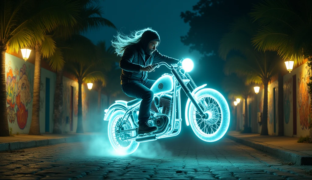 Create a realistic image of a ghost motorcycle stuntman haunting the streets of Venezuela 