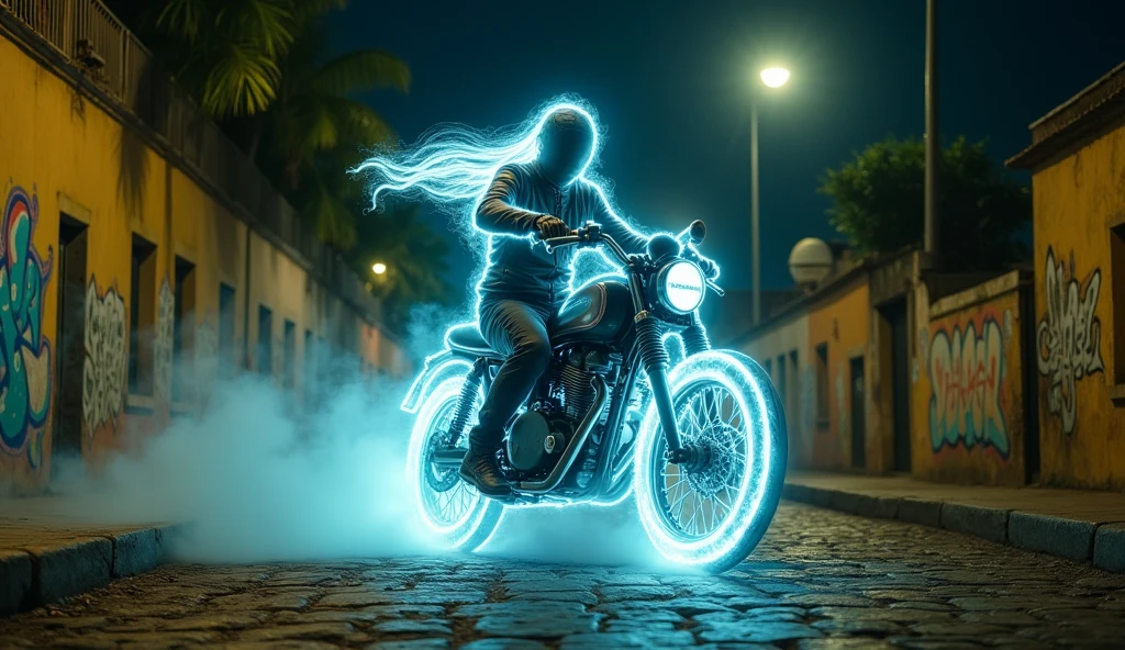 Create a realistic image of a ghost motorcycle stuntman haunting the streets of Venezuela