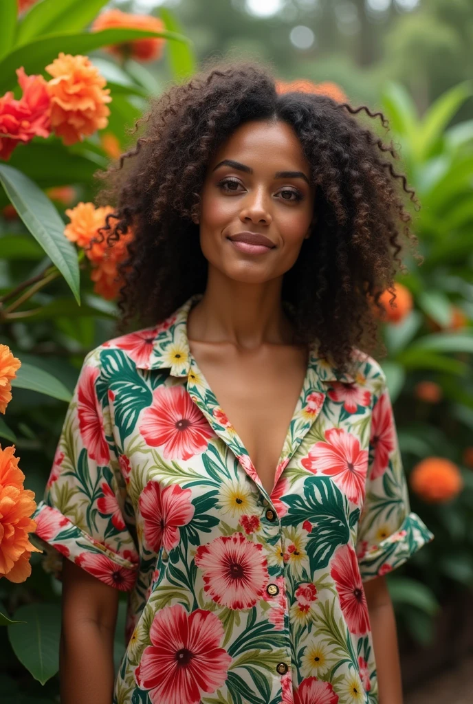 A Brazilian woman in a lush tropical garden, wearing an open shirt with a floral print, with a close-up capturing the harmonious beauty between her breasts and the natural flowers, showing off your natural charm and outgoing personality.