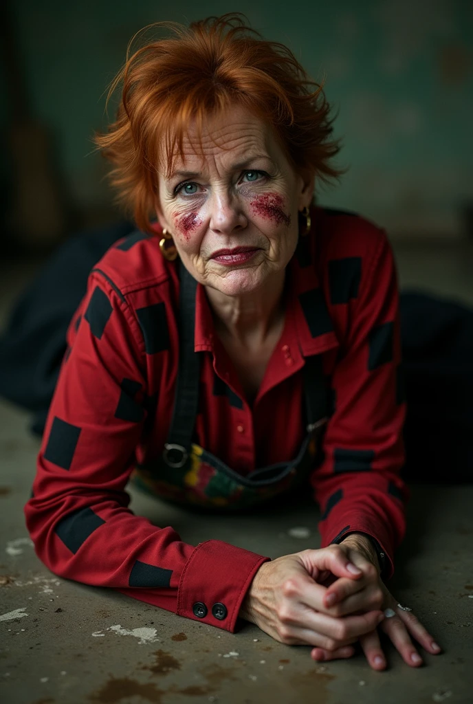 woman 40 years old, obese and fat, bitter, sweet. silly. very short red curly hair badly combed, tight red blouse shirt with large black squares open half buttoned showing nipple, long black skirt, long colorful apron, round good-natured red face slapped full of tears and snot, downcast gaze, crying, screaming in pain, terrified, dehumanized. trembling, abused, sweaty, urinated on, broken and bleeding lip, desperate, lying on the floor, they pull her hair, they drag her.