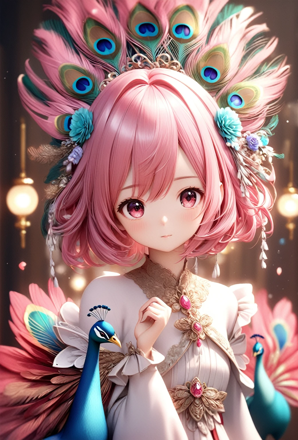 Girl with blue-pink hair and peacock feathers, Inspired by Narihiko-kun, society, 🌺 Anime Style. 8k, Anime Style 3D, Popular with CGstation, 8k高画質ディテールアート, Gubes-style artwork, Fantasy art style, Realistic anime 3D style, Anime inspiration, Anime Style mixed with Fujifilm