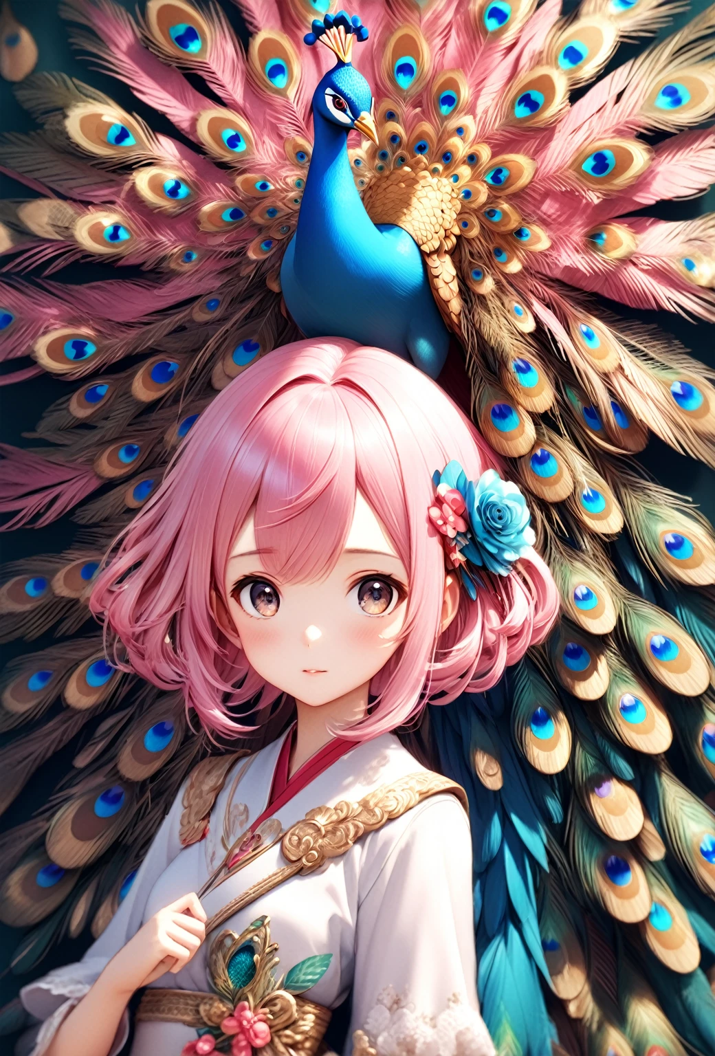 Girl with blue-pink hair and peacock feathers, Inspired by Narihiko-kun, society, 🌺 Anime Style. 8k, Anime Style 3D, Popular with CGstation, 8k高画質ディテールアート, Gubes-style artwork, Fantasy art style, Realistic anime 3D style, Anime inspiration, Anime Style mixed with Fujifilm