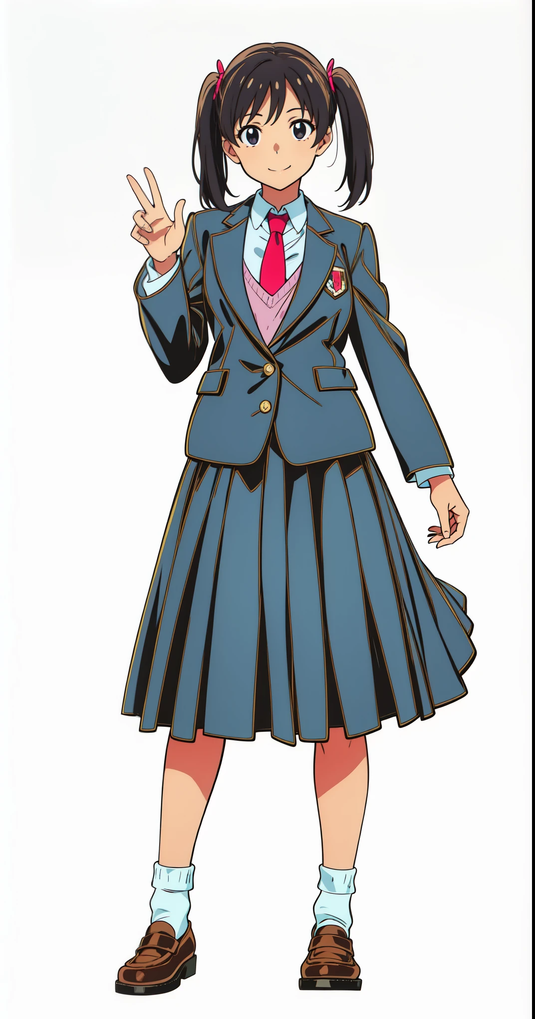 (wind:1.0), (skirt swinging:1.0), (white background:1.0), (best quality:1.0), (masterpiece:1.0), (super fine illustration:1.0), (beautiful artwork:1.0), (anime screencap:1.0), (official art:1.0), (full body:1.0), (solo:1.0), (a 17yo cute girl:1.0), (long skirt:1.0), (dark blue skirt:1.0), (pleated skirt:1.0), (school uniform dark blue blazer:1.0), (red necktie:1.0), (pink knit vest:1.0), (black loafers:1.0), (white socks:1.0), (ideal ratio body proportions:1.0), (lanky:1.0), (tall:1.0), (slender:1.0), (small breasts:1.0), (smaller face:1.0), (smile:1.0), (cheerful:1.0), (detailed beautiful eyes:1.0), (detailed beautiful face:1.0), (glowing black eyes:1.0), (short hair:1.0), (twin tails:1.0), (swept bangs:1.0), (black hair:1.0), (standing:1.0), (looking at viewer:1.25)