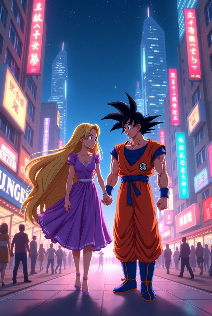 Goku and Rapunzel are walking hand-in-hand through the city at night.