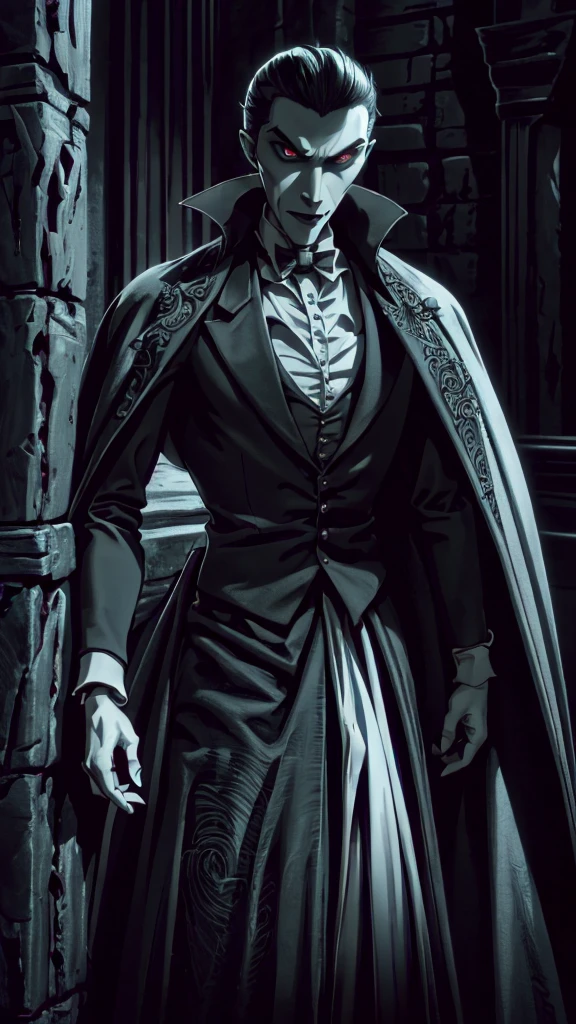 (1boy, Dracula), (extremely detailed CG unit 8k wallpaper),(master part), (best quality), (ultra detail), (best illustration),(TimBurton Animation), cowboy shot, (Sharp eyeliner, ombre, detail eyes), dark dungeon interiors background, ,break , (vamptech), solo, man in suit,