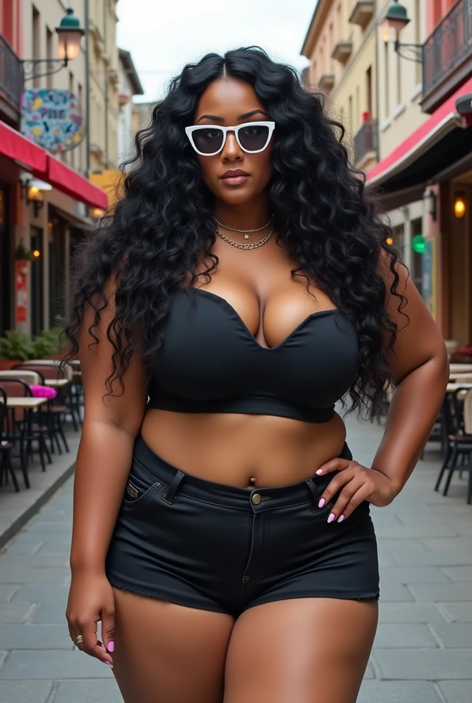 A busty and big-assed plus size woman dressed in mini clothes with long curly black hair, curtain/brunette 1,56 tall with arm covered in fineline tattoos, wears white cat-eye glasses and a septum piercing