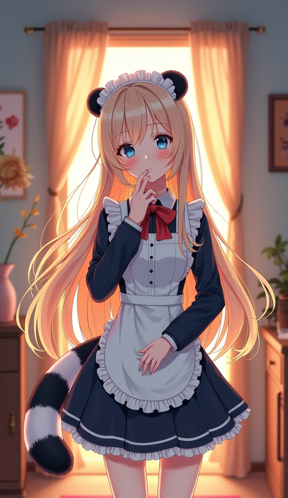 adult woman, a high resolution, long hair, panda ears, panda's tail, blushing, hard breath, collage, silhouette, character design, Housemaid