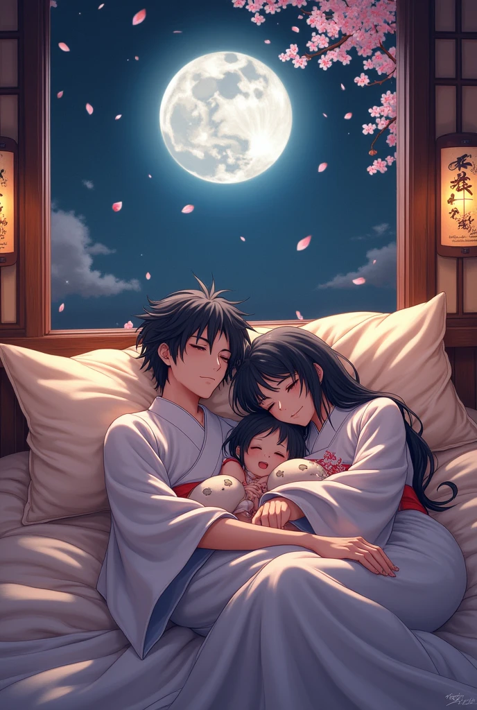 Tsukimichi: Moonlit Fantasy The Characters Makoto, tomoe and mio sleeping together in a bed