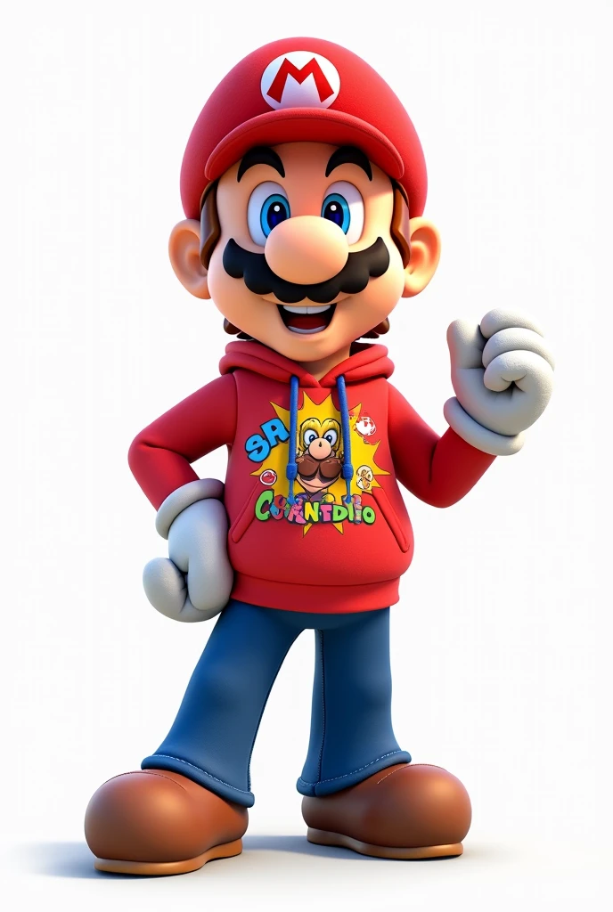 Draw an animated cartoon of Mario Bros with a cool style, wearing a trendy sweatshirt, against a white background.