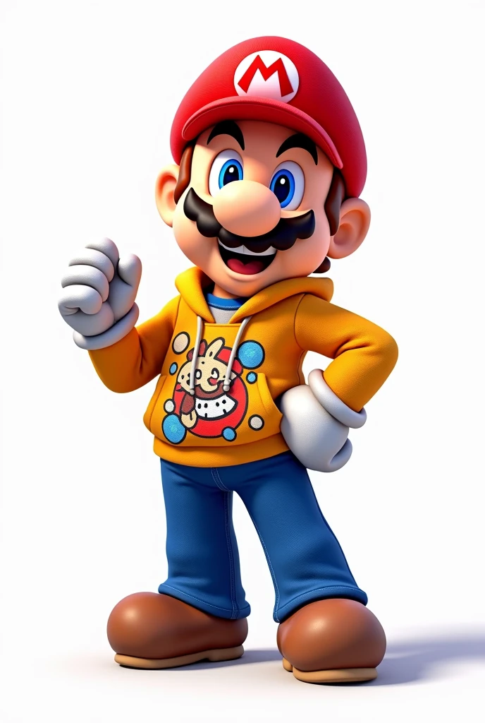Draw an animated cartoon of Mario Bros with a cool style, wearing a trendy sweatshirt, against a white background.
