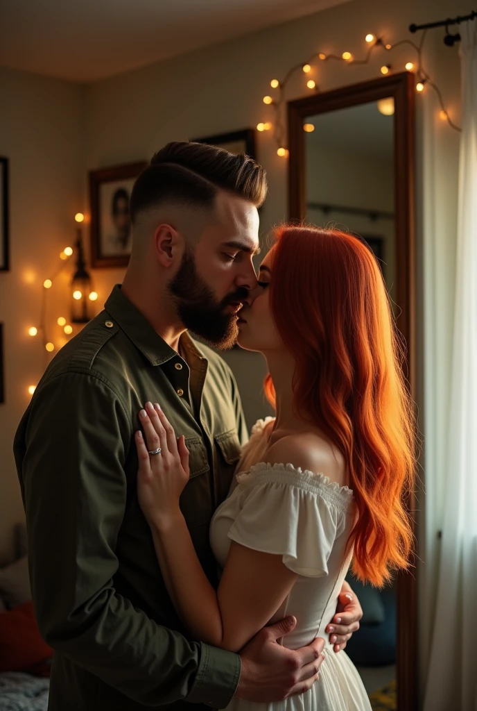 Couple hugging, standing in front of a mirror, tall guy with mustache and military haircut, with beard, Skinny guy. Short woman of 1.60 tall chubby, red hair and white. hugged, kissing, couple