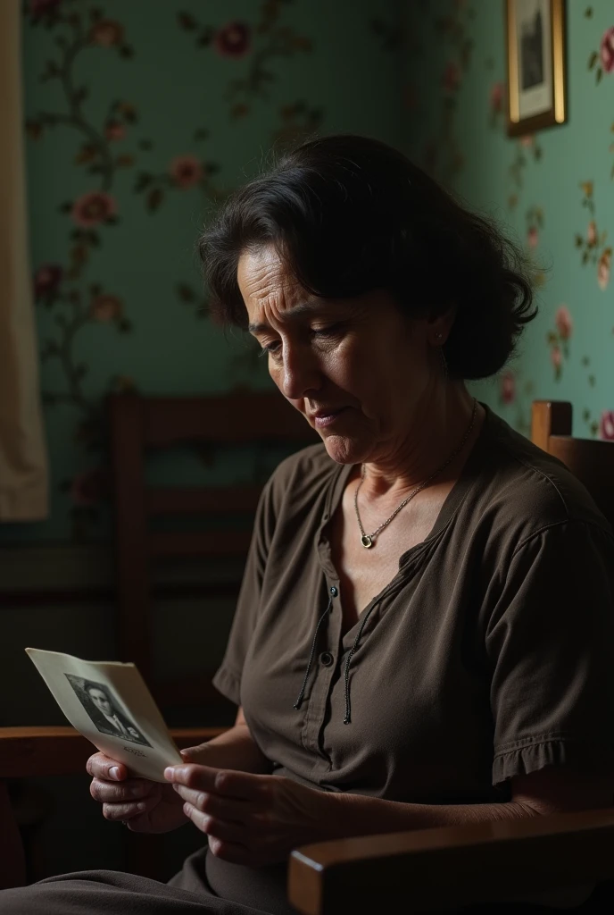 Medium shot of a 40-year-old woman crying uncontrollably. sitting on a chair. All with a somber aesthetic and a 1960s setting in Chile