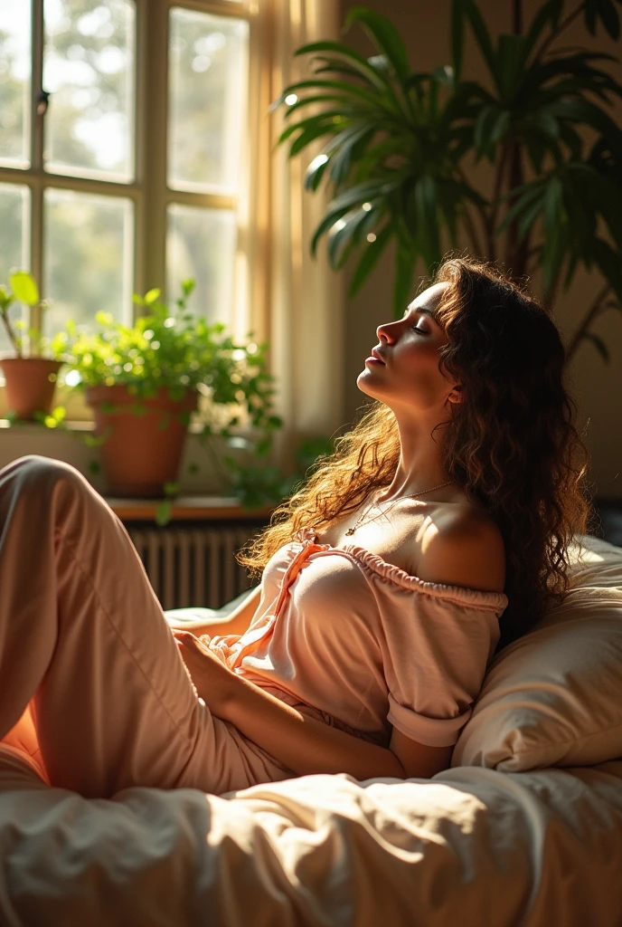(photorealism:1.2), beautiful woman, sitting on bed, wearing loose off-shoulder top, pajama pants, long curly hair, indoors, soft lighting, plants in background, window with sunlight, cozy room, relaxed pose, realistic, intricate details, warm colors, by Greg Rutkowski, by Alphonse Mucha