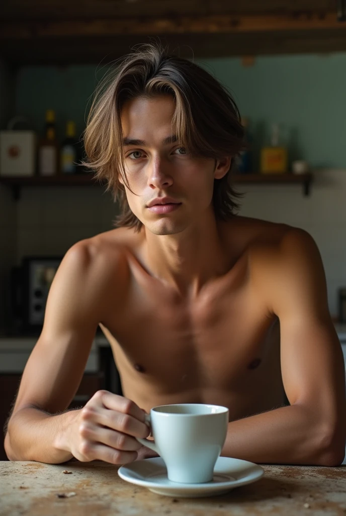 Young man , face perfect, honey eyes , skinny sexy , wearing no shirt, muscular straight rebellious hair, He is sitting at the table eating cornmeal cake with coffee., dirty poor kitchen, falling apart, in favela
