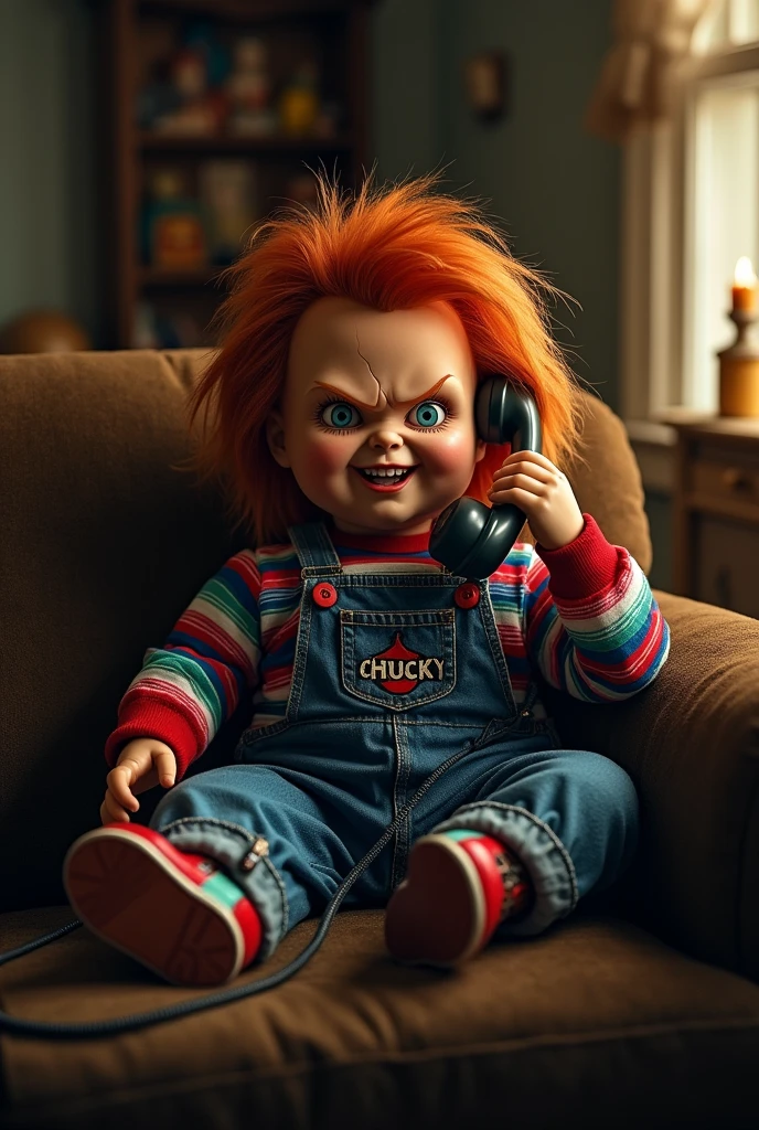 Create an image of Chucky talking on the phone