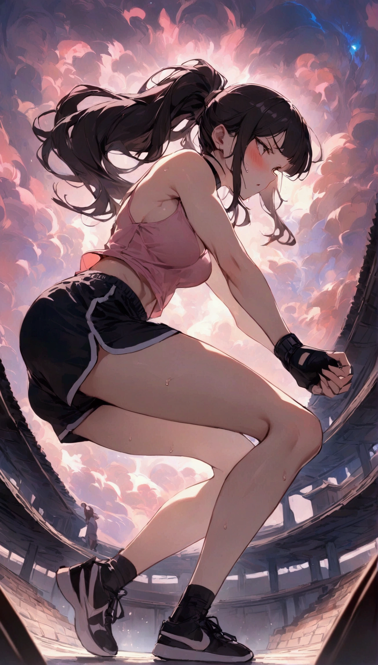 {{masterpiece}}, {{{Highest quality}}},{{Very detailed}}{{female martial artist}},{{Female fighters are sparring in the ring and struggling.}},{{}},solo,1girl, {{Very slim legs:1.2}},slim body,{{}},{{}},Mature Women,Dynamic composition、Dutch Angle,from side,Focus on thighs,,v-shaped eyebrows.profound,Bad mood,blush,Sweat,{{clavicle:1.4}},{{}},,choker,,,,black fingerless gloves,dolphin shorts, Pink camisole, long hair,ponytail Blunt bangs,high-cut sneakers,On the ring,Small crowd outside the ring