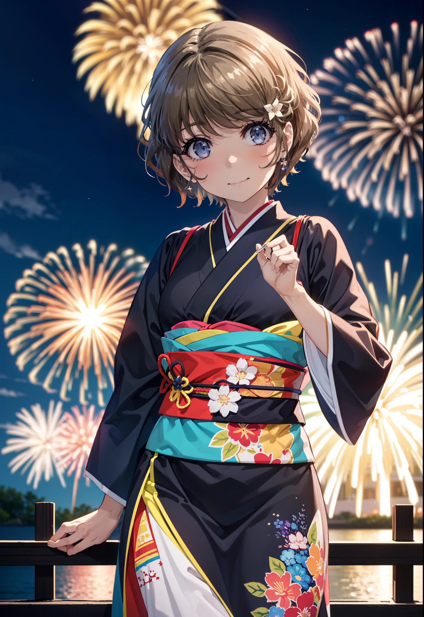 tomoekoga, Chie Koga, short hair, Brown Hair, blue eyes, Flower Hair Ornaments,smile,black kimono,Wide sleeves,日本のFestivalり,夏Festivalりの屋台,Red lantern,Fireworks in the night sky,Fireworks、The place is a fireworks display,Time is night,sunny day,turn around,whole bodyがイラストに入るように
break outdoors,Festival ,
break looking at viewer, whole body,(Cowboy Shot:1.5),
break (masterpiece:1.2), Highest quality, High resolution, unity 8k wallpaper, (figure:0.8), (Beautiful attention to detail:1.6), Highly detailed face, Perfect lighting, Highly detailed CG, (Perfect hands, Perfect Anatomy),