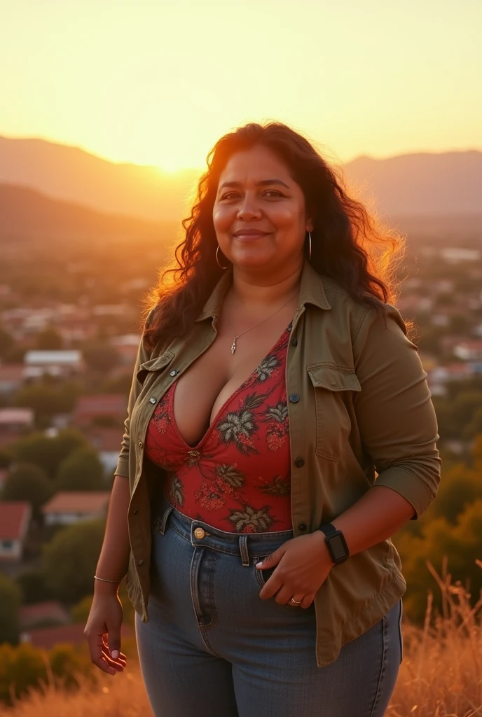 centre composition. subject low in picture. 40 year old curvy, plump, Mexican woman, detailed features, wrinkles showing the wisdom of years well lived. alluring sexy sensual woman wearing causal outdoor clothes, standing on high hilltop above Mexican village. vintage photograph. 8k cinematic. hyper-realistic.