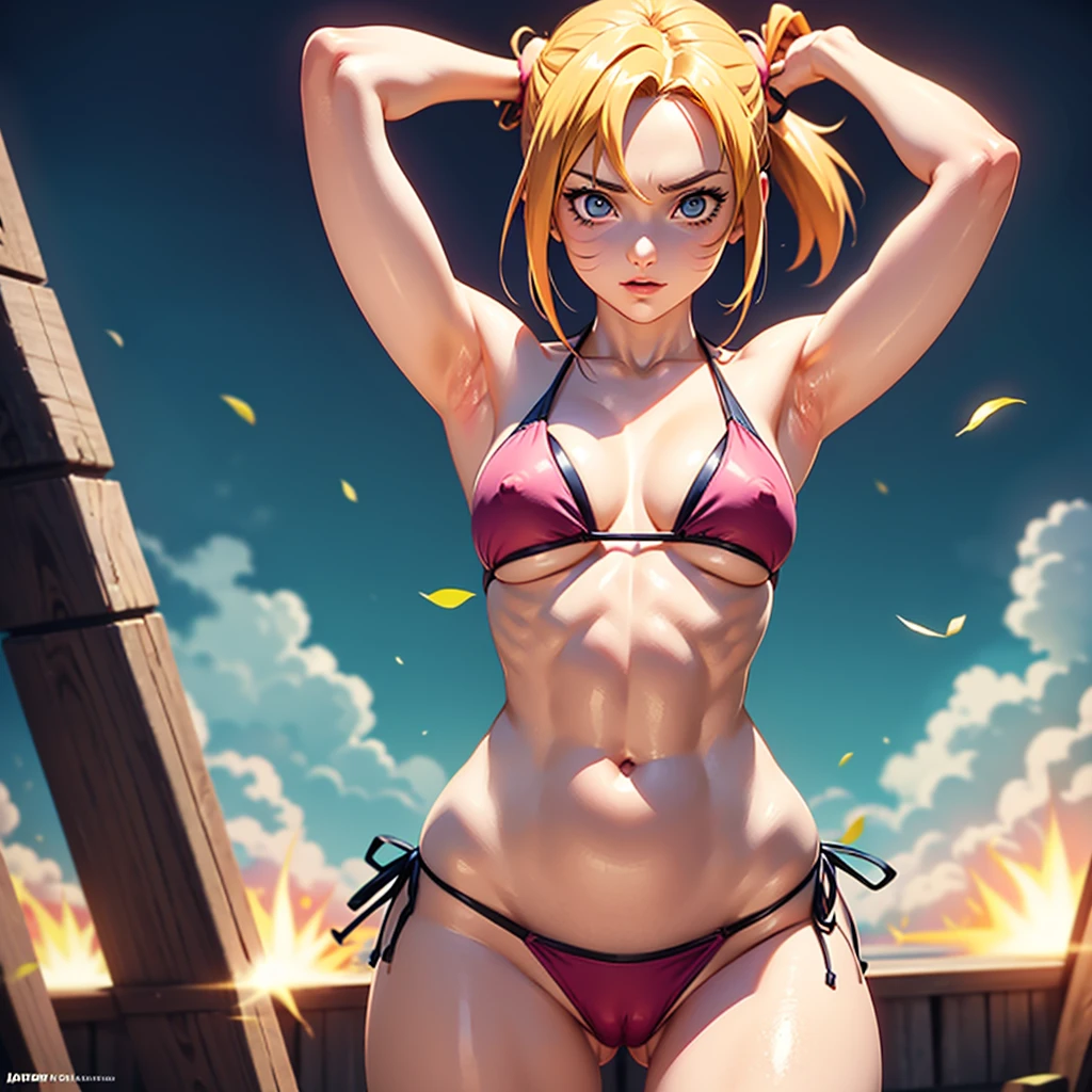  Is it over "Naruto", with a very small bikini, with both arms raised showing the armpits, emphasizing the armpits, abdomen, Arms and their muscles and that her clothes cling to her body, Her nipples and vagina should be emphasized 