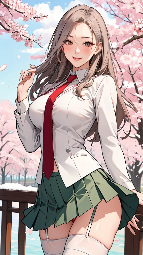 (masterpiece), best quality, highres, blush stickers, long hair, large breasts, green skirt, pleated skirt, red necktie, garter belt, garter straps, white shirt, long sleeves, grey jacket, reaching out, smile, cherry blossoms, outdoors, cowboy shot, large breasts, up skirt, panties, showing panties, blush, sexy, athletic body, silverd hair, golden eyes, red panties, brown thighhighs, mature woman, bursting breasts, beautiful face, beautiful eyes